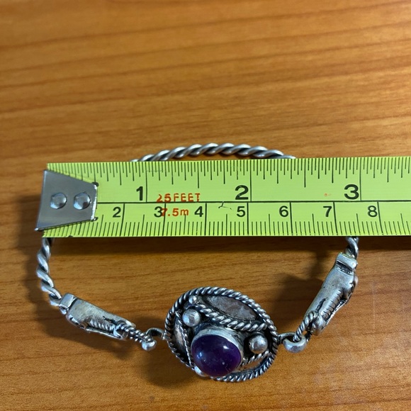 Celtic Viking Doubled Headed Dragon Silver Bracelet with Purple Stone - Picture 2 of 5